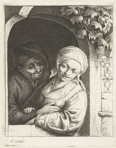 Agricultor y esposa del agricultor como pareja de amor en una puerta La pareja de enamorados campesinos cortejo campesino de Adriaen van Ostade