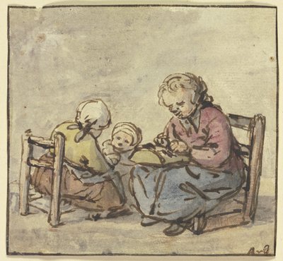 Tres muchachas, la mayor haciendo encaje de bolillos de Adriaen van Ostade
