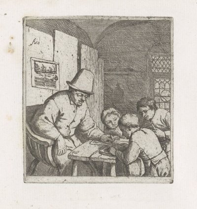 Tres estudiantes con un maestro de escuela de Adriaen van Ostade