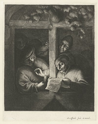 Tres hombres cantan desde una hoja de papel a la luz de las velas en una ventana abierta los retóricos de Adriaen van Ostade
