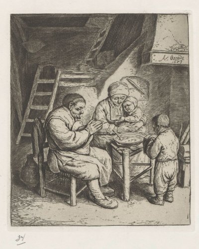Familia en la mesa para la comida. de Adriaen van Ostade