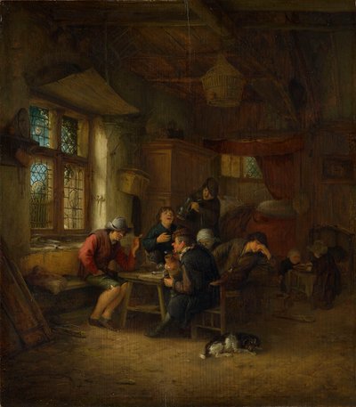 Interior de una taberna con cinco campesinos y una mujer de Adriaen van Ostade