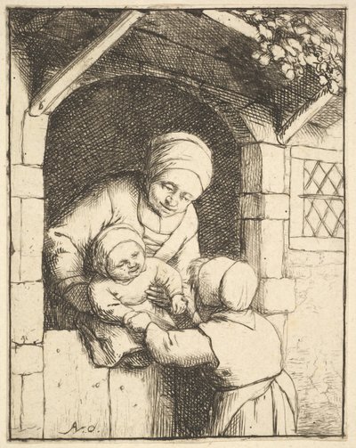 Niña pequeña jugando con un bebé en los brazos de su madre, 1610-85 de Adriaen van Ostade