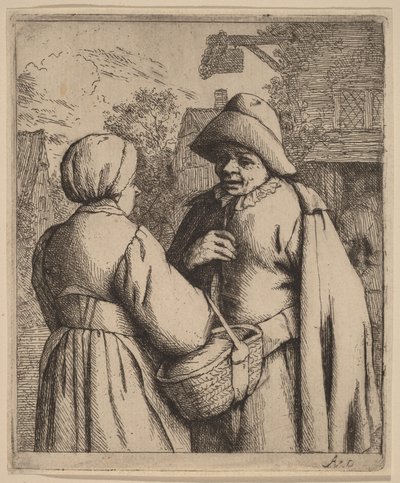 Hombre y mujer conversando delante de una posada de Adriaen van Ostade