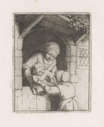 Madre con dos hijos en un portal de Adriaen van Ostade