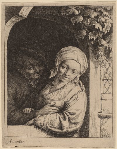 Pareja campesina en una puerta (Romance de aldea) de Adriaen van Ostade