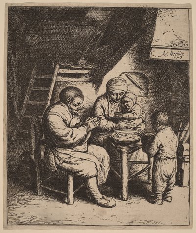 Familia campesina rezando antes de la comida de Adriaen van Ostade