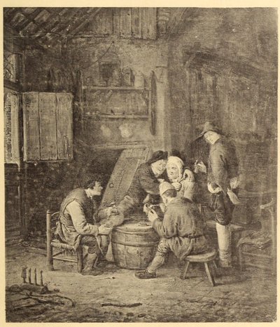 Campesinos alrededor de un barril en una posada de Adriaen van Ostade