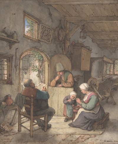Leyendo las noticias en la cabaña de los tejedores, 1673 de Adriaen van Ostade