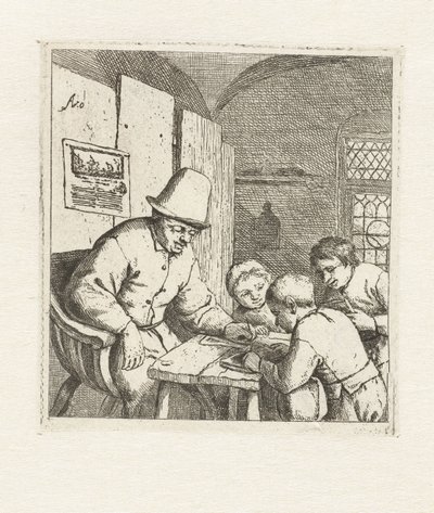 Maestro de escuela con tres alumnos en la mesa La escuela de Adriaen van Ostade