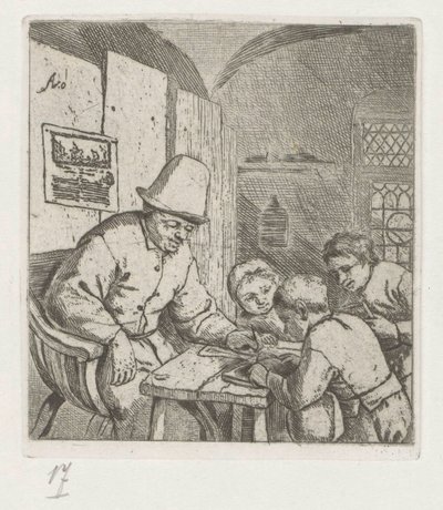 Maestro de escuela con tres alumnos en la mesa de Adriaen van Ostade
