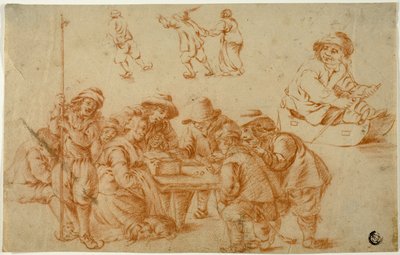Bocetos de campesinos jugando a los dados y patinando; Boceto de niño en trineo de Adriaen van Ostade