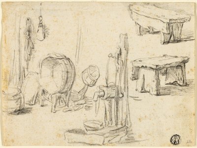 Bocetos de bomba, lavabo, bancos de Adriaen van Ostade