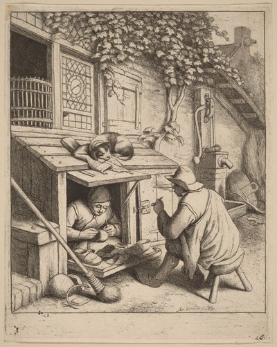 Un fumador sentado en un taburete conversando con un zapatero mientras este trabaja de Adriaen van Ostade