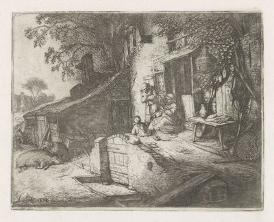 Mujer girando frente a una casa de Adriaen van Ostade
