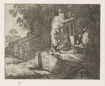 Mujer girando frente a una casa de Adriaen van Ostade