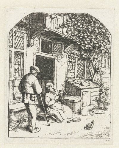 Solterona sentada en el umbral de una casa hablando con el hombre El enrollador en la puerta de casa de Adriaen van Ostade