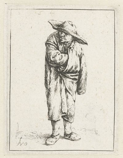 Granjero de pie con la mano y el brazo en su capa El mendigo envuelto en su capa de Adriaen van Ostade