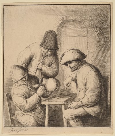 Tres campesinos en una posada, uno de ellos mirando dentro de una jarra de Adriaen van Ostade