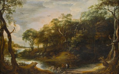 Paisaje con el ángel Rafael y Tobais que abre el pez (Tobías 6,1-5) de Adriaen van Stalbemt