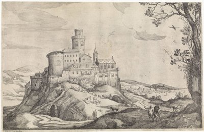 Paisaje con un castillo en una montaña de Adriaen van Stalbemt