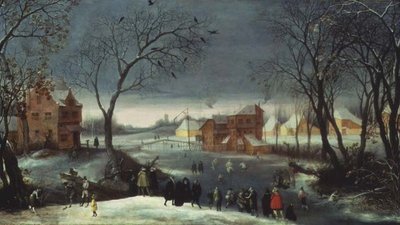Paisaje invernal con patinadores de Adriaen van Stalbemt
