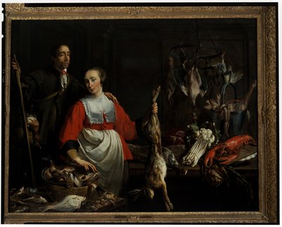 Un guardabosque con una escopeta de caza y una criada sosteniendo una liebre muerta en una despensa. de Adriaen van Utrecht