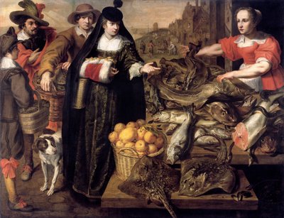 Una dama en el mercado de pescado en Amberes, 1630-1640 de Adriaen van Utrecht