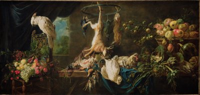 Bodegón: caza, verduras, frutas, cacatúa de Adriaen van Utrecht