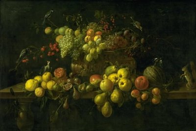Naturaleza muerta con frutas en una mesa de Adriaen van Utrecht