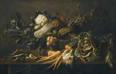 Bodegón de alcachofas, espárragos, col verde, cebollas, judías, zanahorias y otras verduras, todo sobre un banco de madera. de Adriaen van Utrecht