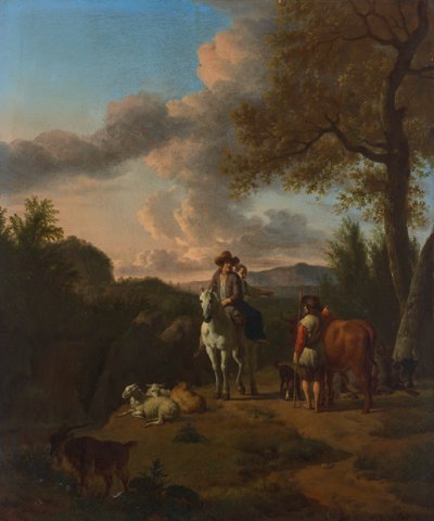 Paisaje italianizado con un hombre y una mujer montados en un caballo blanco, pidiendo indicaciones a un pastor de Adriaen van de Velde