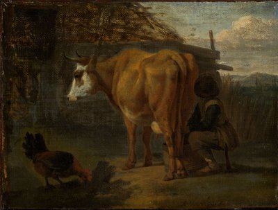 Una vaca marrón ordeñada por un pastor de Adriaen van de Velde