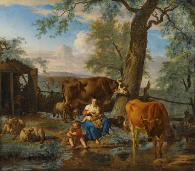 Ganado con mujer lactante y niño jugando con un perro de Adriaen van de Velde