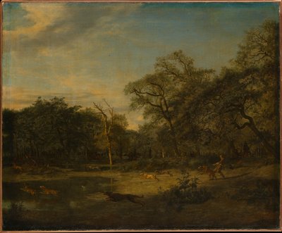 Caza de ciervos en un paisaje forestal pantanoso de Adriaen van de Velde