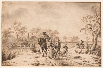 Paisaje otoñal con viajeros y transbordador de Adriaen van de Velde
