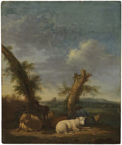 Paisaje con ovejas y un pastor dormido de Adriaen van de Velde