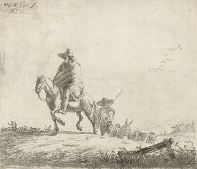 Jinete y pastor con ganado en un camino de tierra, 1653 de Adriaen van de Velde