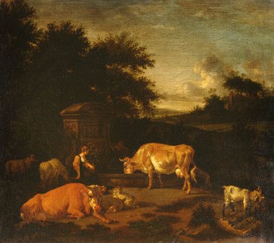 Pastora y un arriero con sus rebaños junto a una fuente clásica en un paisaje boscoso de Adriaen van de Velde