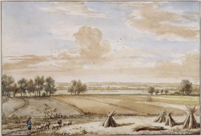 Paisaje llano estival con campos de cereal maduro de Adriaen van de Velde