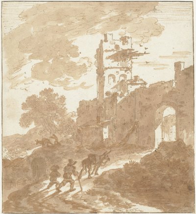 Paisaje de estilo italiano con un camino que conduce a la puerta de la ciudad de Adriaen van der Kabel