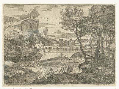 Paisaje con tres personas a lo largo del camino. El hombre y las dos mujeres bajo la sombra de los árboles. Paisajes, serie ocho (título de la serie) de Adriaen van der Kabel