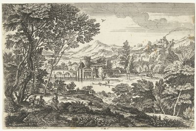 Paisaje con tres personas debajo de un árbol. Paisajes, serie cinco (título de la serie) de Adriaen van der Kabel