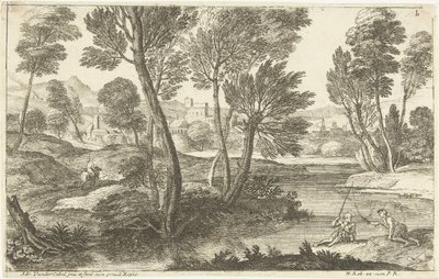 Paisaje con dos pescadores los dos pescadores Paisajes, serie tres (título de la serie) de Adriaen van der Kabel