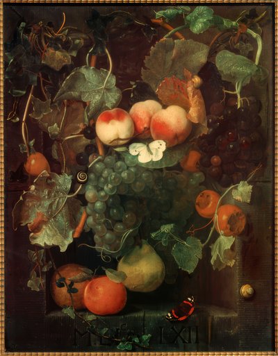 Naturaleza muerta con frutas, mariposas y caracoles de Adriaen van der Spelt