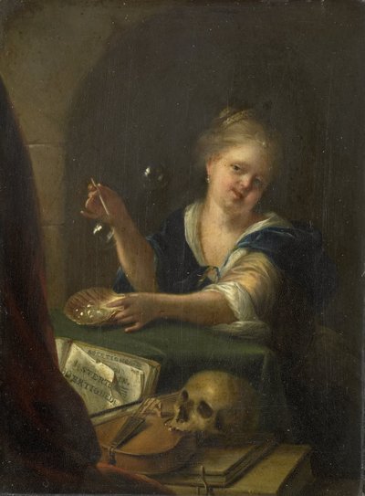 Chica que sopla burbujas con un bodegón de Vanitas de Adriaen van der Werff (manner of)