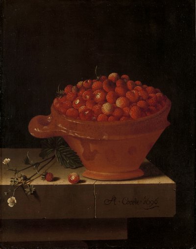 Un cuenco de fresas sobre un pedestal de piedra, 1696 de Adrian Coorte