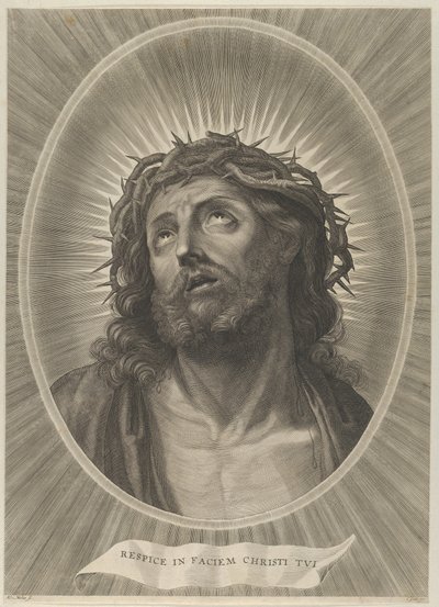 Cabeza de Cristo mirando hacia arriba con corona de espinas, en un marco ovalado, después de Reni, ca. 1653-67 de Adrian van Melar