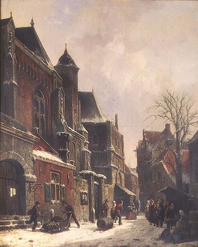 Una escena callejera holandesa con figuras junto a una iglesia de Adrianus Eversen