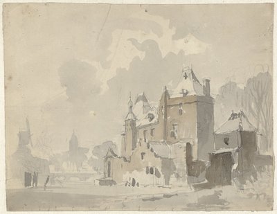 Vista de un castillo fantástico (?) cerca de una ciudad de Adrianus Eversen